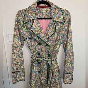Odille Spring Calico Floral Pink Blue Anthropologie Cotton Trench Jacket Size 8